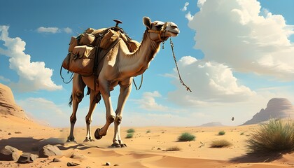 Camel traversing the desert with bags and packages on its back, showcasing the blend of nature and travel in a vast, sandy landscape