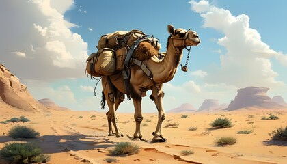 Camel traversing the desert with bags and packages on its back, showcasing the blend of nature and travel in a vast, sandy landscape