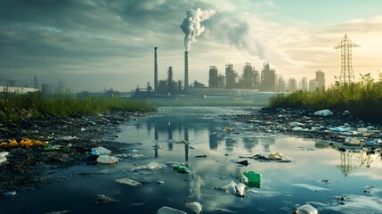 air water pollution with plastic waste, industrial plant, bad nature