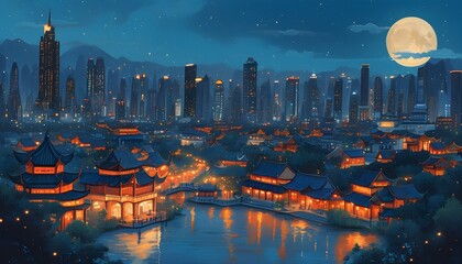 mystical ink painting of an ancient Asian city illuminated by night through the lens of Generative AI