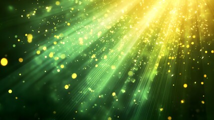 Asymmetric green light burst, abstract beautiful rays of lights on dark green background with the color of green and yellow, golden green sparkling backdrop with copy space