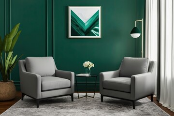 Wall Mural - Stylish Minimalist Lounge Featuring Grey Armchair and Emerald Green Walls