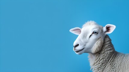 portrait of a sheep on blue.