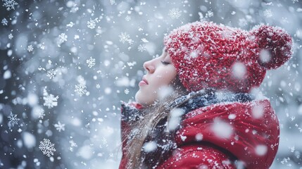 Wall Mural - Snowflakes twirl around a woman dressed warmly for winter, capturing the essence of a chilly, festive day.