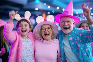 Family Fun at the Carnival: A playful portrait of multi-generational family joy. Grandparents, children, and grandchildren wear vibrant pink and blue hats, creating a heartwarming scene 