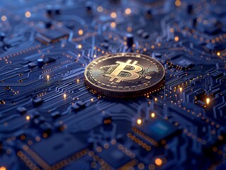 Poster - A image of a golden Bitcoin coin resting on a sophisticated computer circuit board.