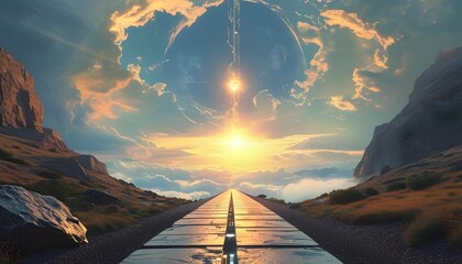 Wall Mural - Journey through the Sacred Pathway to a Celestial Kingdom: A Sci-Fi Adventure into the Unknown with High-Tech Wonders