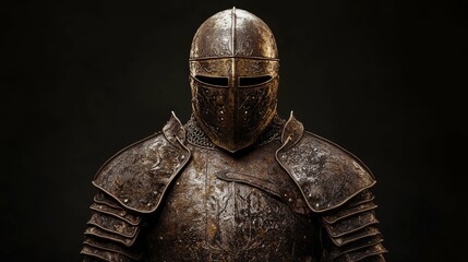 A knight in full armor, his helmet obscuring his face, stands against a dark background, with a look of determination.