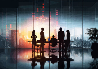 Wall Mural - Business team collaboration in modern office at sunset, cityscape view, minimalistic vector illustration, planning and brainstorming, corporate environment