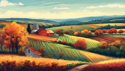 Wall Mural - Stunning Autumn Countryside Landscape Illustration with Vibrant Colors and Generative AI Touch