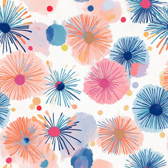 Wall Mural - Kaleidoscope style pastel pattern with fireworks style splashes, seamless background