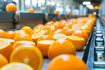 A conveyor belt is filled with oranges. generative ai.,