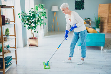 Poster - Photo of positive cheerful senior woman wear white cardigan daily chores routine cleaning indoors room home house