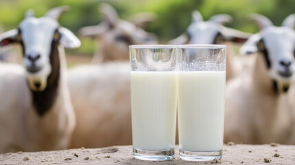 Two glasses of milk in front of goats in a rural setting. Ideal for promoting dairy products, farm themes, or healthy living.