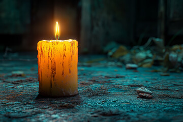 Canvas Print - A single candle providing dim light in a dark, barren room. Concept of energy poverty.