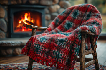 Wall Mural - a red and green plaid blanket draped over a wooden chair by a crackling fireplace. concept of warm c