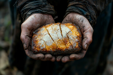 Sticker - A pair of hands clutching a broken piece of bread. Concept of hunger and survival in poverty.