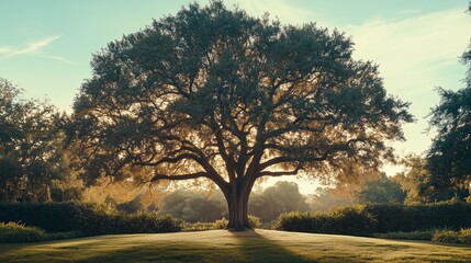 Poster - Sunset light shines through a majestic oak tree in a tranquil park setting during early evening