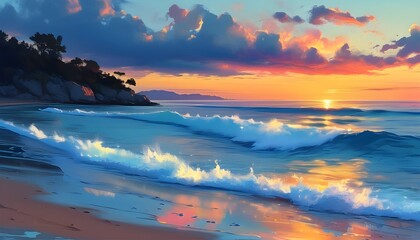 Wall Mural - serene evening beach illustration showcasing tranquility and beauty through generative Ai artistry