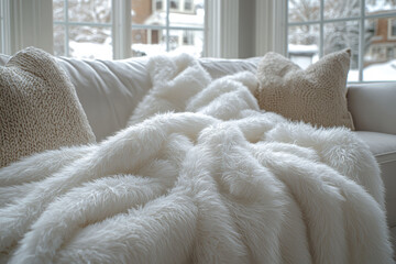 Poster - A fluffy white blanket resembling freshly fallen snow on a couch. Concept of cozy holiday decor.