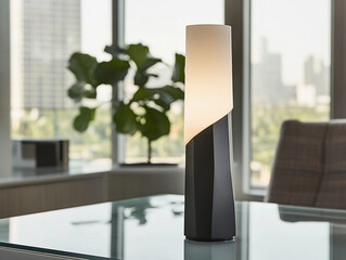 modern table lamp with a matte black finish, featuring a geometric, angular base and a white cylindrical shade