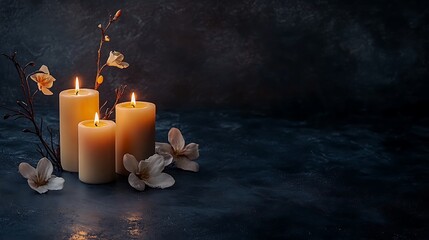 a soft, glowing candles on a table background with a dark, clear space for text