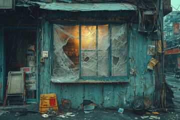 Sticker - A broken window covered with plastic sheeting in a low-income neighborhood. Concept of poverty and makeshift solutions.