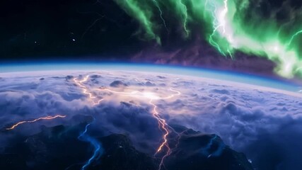 Wall Mural - Mesmerizing view of aurora borealis lighting up earth from space, vibrant colors dancing across the sky, lightning striking through clouds, giving a powerful and energetic atmosphere