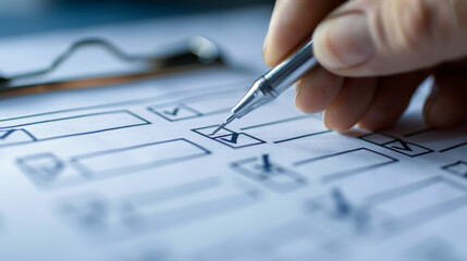 A close up view of hand marking checkboxes on an election ballot, emphasizing importance of civic engagement and decision making. image captures act of voting, reflecting sense of responsibility and p