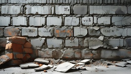 weathered cement walls with aged, damaged bricks