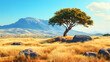 © Thiago - Wild nature of africa, african savannah landscape with green tree, rocks and plain grassland field under blue clear sky. kenya panoramic view, 3d scene, modern illustration. Savannah. Illustration
