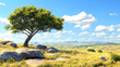 © Thiago - Wild nature of africa, african savannah landscape with green tree, rocks and plain grassland field under blue clear sky. kenya panoramic view, 3d scene, modern illustration. Savannah. Illustration