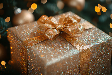 Sticker - A beautifully wrapped present with a shimmering gold bow under a Christmas tree. Concept of festive gift-giving.