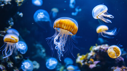 Sticker - Jellyfishs swimming in blue ocean underwater animal