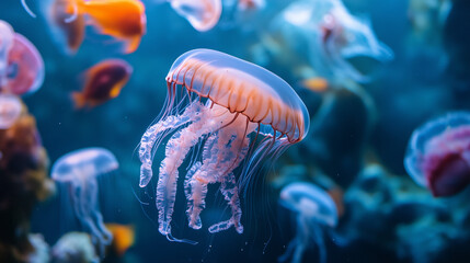 Jellyfishs swimming in blue ocean underwater animal