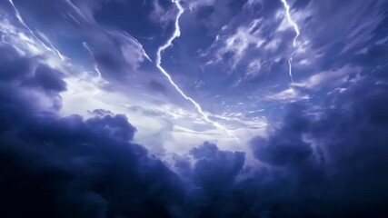 Wall Mural - Lightning bolts are illuminating dark clouds creating a dramatic and powerful atmosphere. The intense purple hues add to the sense of energy and awe