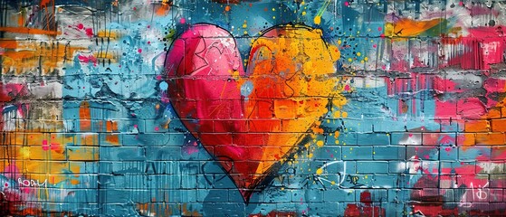 Colorful graffiti wall background with heart shape as love symbol 