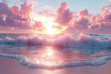 Gentle waves lapping against a sandy shore under a pastel sunset sky. Concept of oceanic rhythms and natural tranquility.