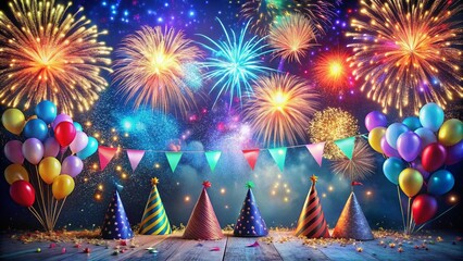 Vibrant fireworks explode in the night sky above a sea of colorful confetti and balloons, surrounded by festive decorations and party hats, celebrating new beginnings.