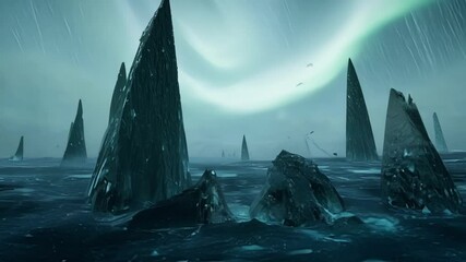 lonely spaceship is flying over the ocean of an alien planet, with crystal clear water and strange r