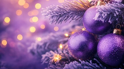 Wall Mural - festive christmas tree with decorations with glittery baubles, frosted evergreen branches, illuminat
