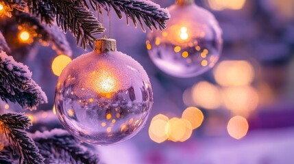 Festive Christmas tree with decorations with glittery baubles, frosted evergreen branches, illuminated by warm lights on a blur background. Merry Christmas banner and poster