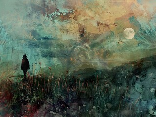 Canvas Print - Silhouette of a Traveler Under a Full Moon