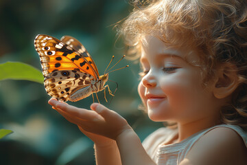 Sticker - A child playing with a butterfly, their giggles filling the air as it lands on their hand. Concept of wonder in nature and simple joys.