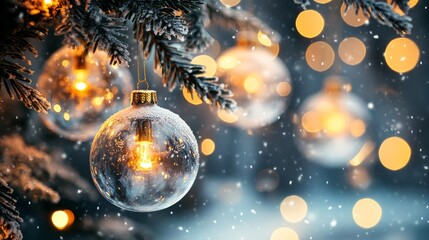 Festive Christmas tree with decorations with glittery baubles, frosted evergreen branches, illuminated by warm lights on a blur background. Merry Christmas banner and poster