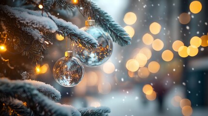 Festive Christmas tree with decorations with glittery baubles, frosted evergreen branches, illuminated by warm lights on a blur background. Merry Christmas banner and poster