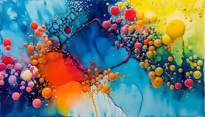 Wall Mural - Vibrant Abstract Canvas of Liquid Pigment Splashes and Smears in Fluid Art Style