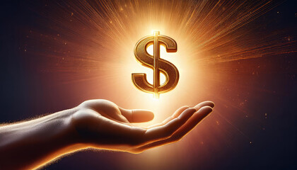 Businessman is holding a bright golden dollar sign in his open hand, symbolizing financial wealth and success