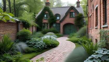 Textured fusion of grey bricks and vibrant green grass