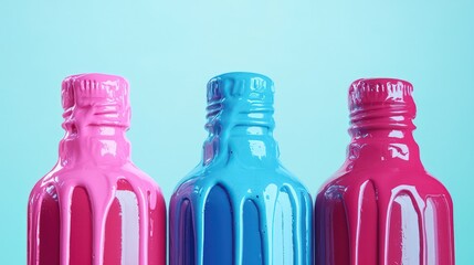 Five bottles of vibrant, dripping paint in shades of blue, pink, and red, symbolizing the flow and blending of colors in artistic expression.